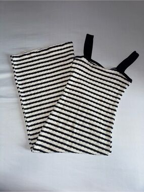 Striped Knit Midi Dress with Black Straps - Black and White